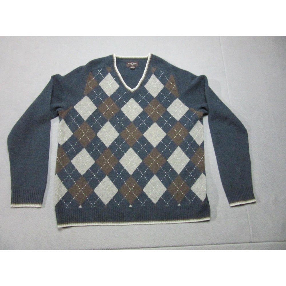 Merino Wool Argyle Sweater Mens XL Blue Brown V Neck Pullover Black Brown 1826